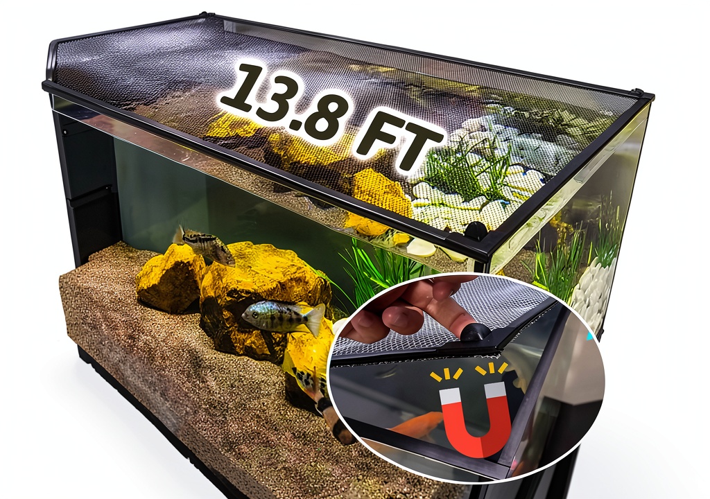 FUYITE magnetic aquarium cover installed on a curved-edge tank