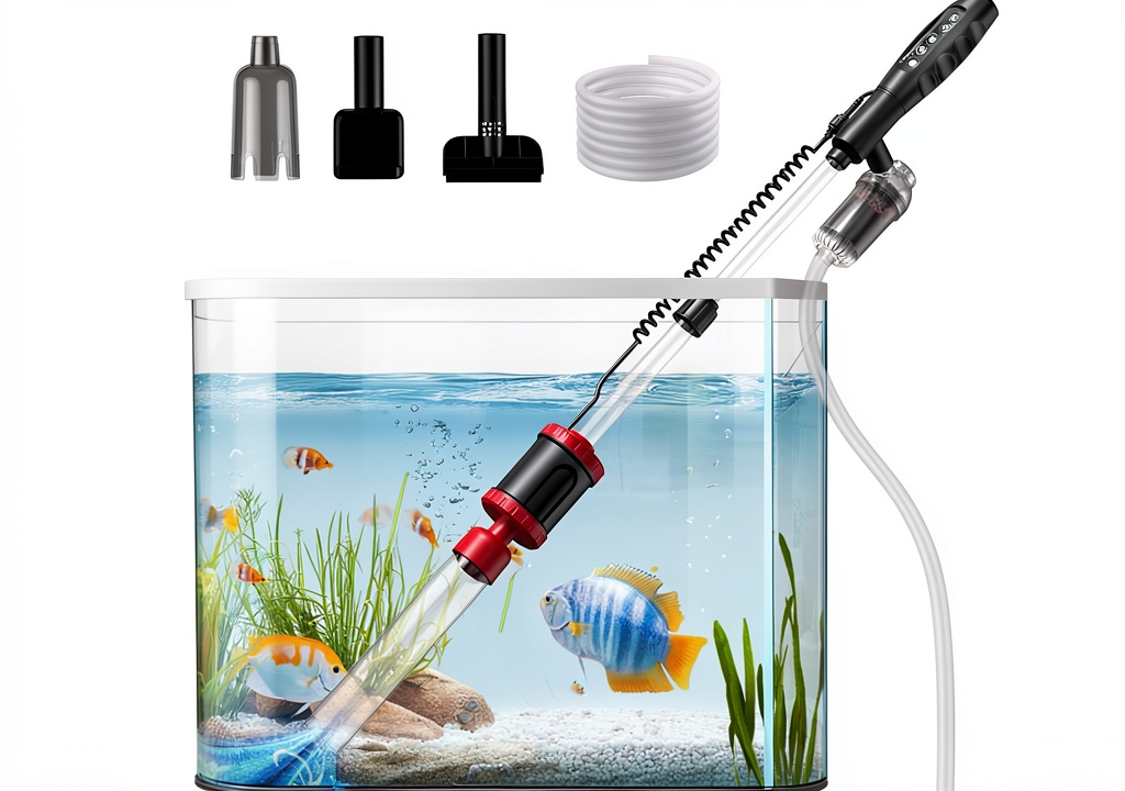 'Suness electric fish tank cleaner in use on a standard aquarium'